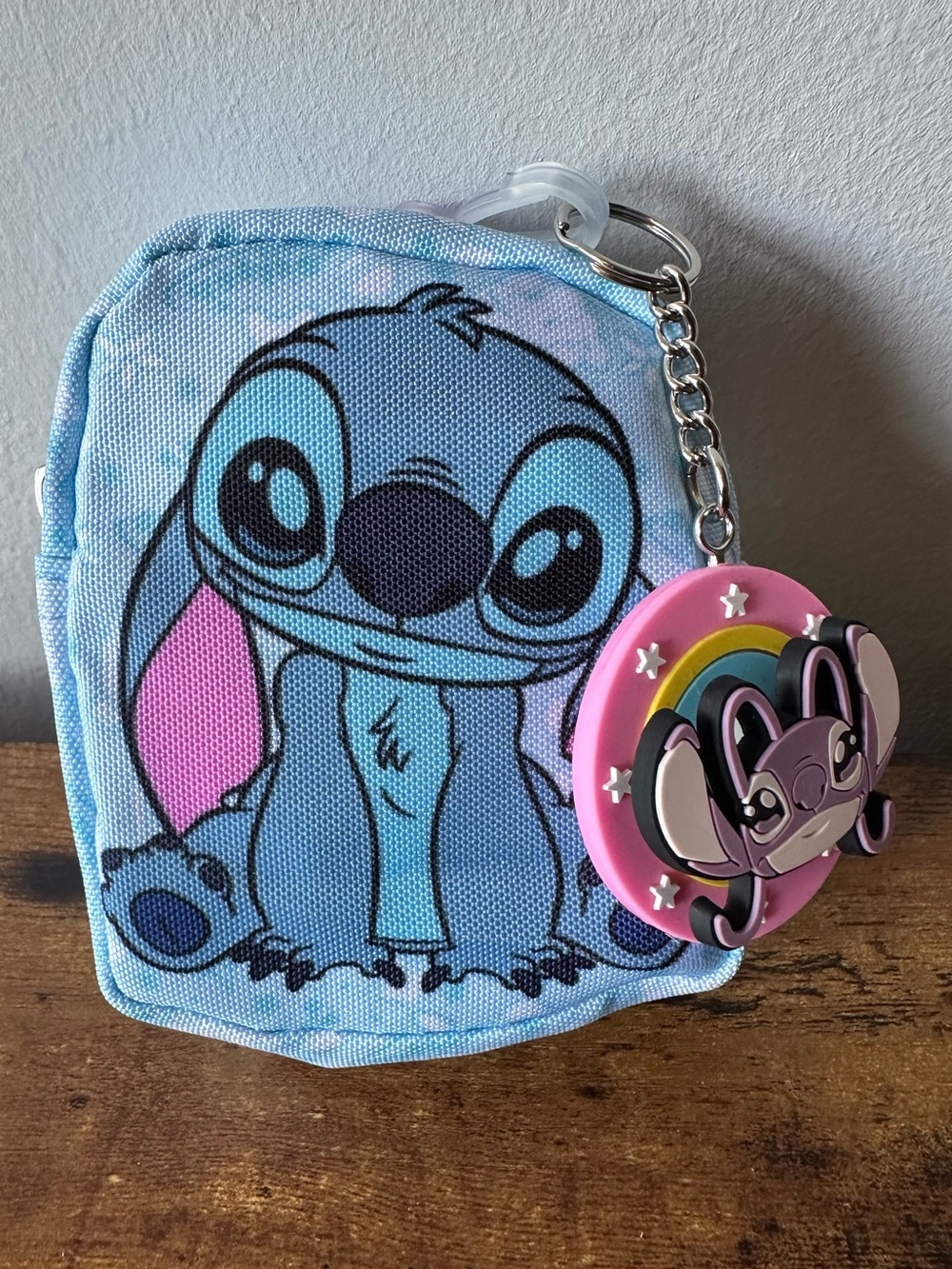 Kids Blue Stitch Bag Charm Keychain Pouch w/ Angel Spinning Keychain Charm NWOT